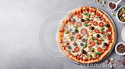 A freshly baked pizza with bubbling cheese and assorted toppings, copy space Stock Photo