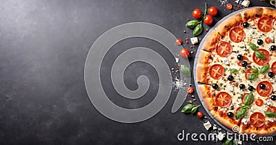 A freshly baked pizza with bubbling cheese and assorted toppings, copy space Stock Photo