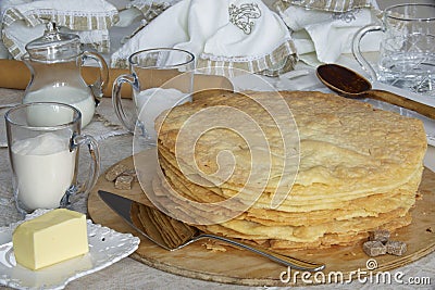 Freshly baked shortcakes for Napoleon cake and some ingredients. Stock Photo
