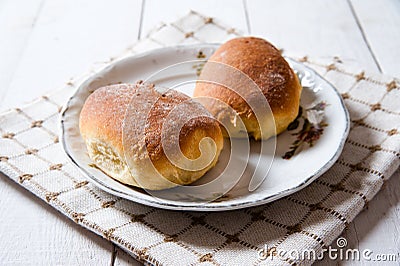 Freshly baked sweet buns with jam Stock Photo