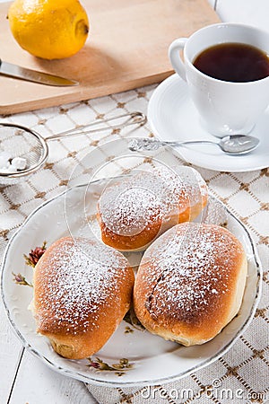 Freshly baked sweet buns with jam Stock Photo