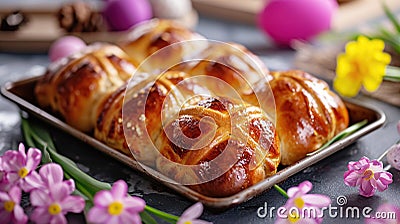 Freshly baked traditional cross buns for Happy Easter. Festive sweet pastries on rustic tray next to bright flowers Stock Photo