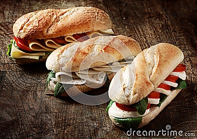 Freshly baked vegetarian baguettes in a bakery Stock Photo