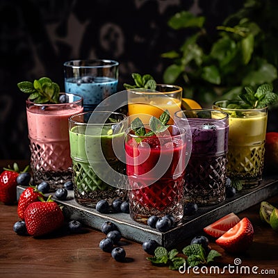 Freshly blended fruit smoothies of various colors and tastes in glass with raspberries, blueberries, strawberries, kiwi and mint, Stock Photo