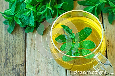 Freshly Brewd Herbal Mint Tea in Glass Cup Green Herbs on Plank Wood Garden Table Holistic Medicine Healthy Drink Detox Ayurveda Stock Photo