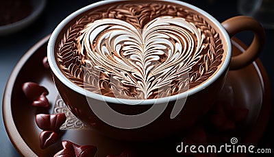 Freshly brewed coffee, a frothy cappuccino, a heart shaped latte generated by AI Stock Photo