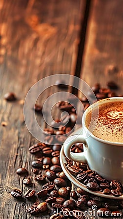 freshly brewed cup of coffee, creamy top, surrounded by a scatter of roasted coffee beans on a rustic wooden surface Stock Photo