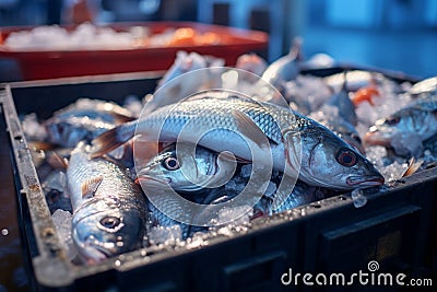 Freshly caught fish sorted in ice filled crates for transport and sale Stock Photo