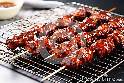 freshly cooked bbq meatball skewers on a cooling rack Stock Photo