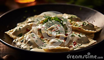 Freshly cooked Chinese dumplings on a wooden plate, ready to eat appetizer generated by AI Stock Photo