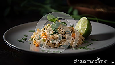 Freshly cooked gourmet seafood risotto on plate generated by AI Stock Photo