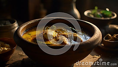 Freshly cooked meal in earthenware bowl generated by AI Stock Photo