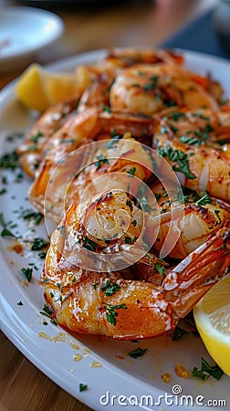 Freshly cooked shrimp served with a tangy lemon wedge on a sunny dining table Stock Photo