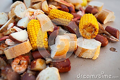 Southern Boil spread out over a table Stock Photo