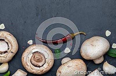 Freshly cut mushrooms mushrooms, sliced feet, Bisporus agaricus raw uncooked Stock Photo