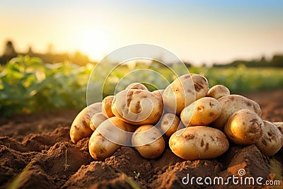 Freshly dug potatoes on a field at sunset. Close-up, Freshly picked potatoes farmer field, healthy organic produce, AI Stock Photo
