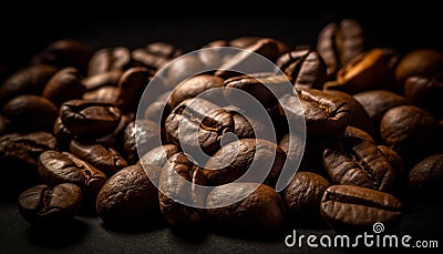 Freshly ground coffee beans heap on coffee table, still life generated by AI Stock Photo