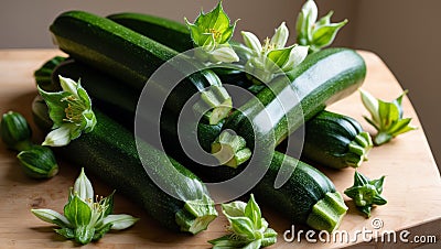 Freshly Harvested Green Zucchini with Blossoms Stock Photo