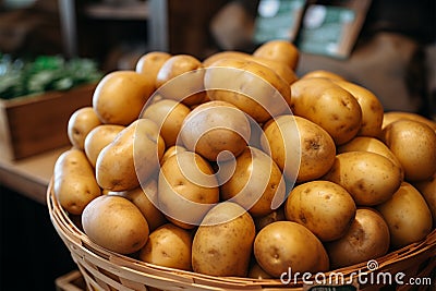 Freshly harvested potatoes in a basket, invitingly arranged on market counter Stock Photo