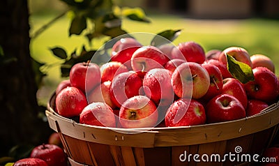 Freshly Harvested Red Apples in a Rustic Basket Under an Apple Tree Stock Photo