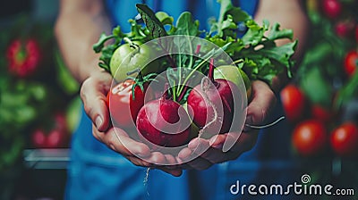 Freshly harvested vegetables cradled in hands, symbolizing healthy and organic food choices. Stock Photo