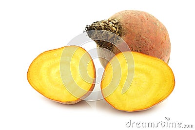 Freshly harvested yellow beet and two halves Stock Photo