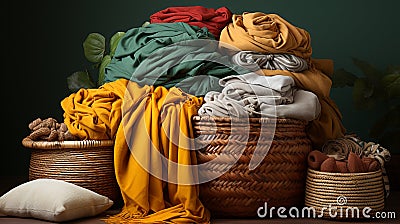 Freshly laundered clothes stacked in a wicker basket. AI Generated Stock Photo