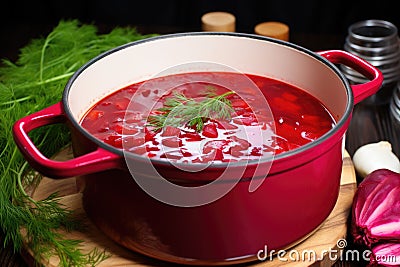 freshly made borscht soup in a pot ready to be served Stock Photo