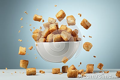 Freshly made crispy croutons fall in pile on blue background. Creative concept of floating healthy snacks Stock Photo