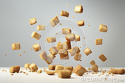 Freshly made crispy croutons fall in pile on gray background. Creative concept of floating healthy snacks. Stock Photo