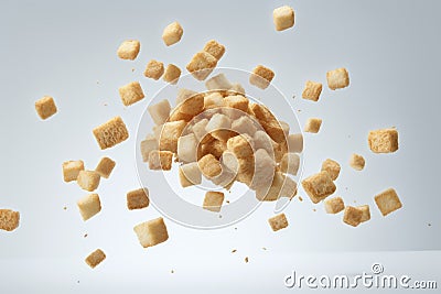 Freshly made crispy croutons fall in pile on gray background. Creative concept of floating healthy snacks. Stock Photo