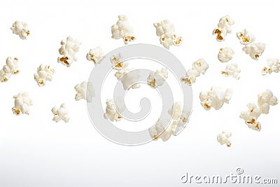 Freshly made crispy popcorn fall in pile on white background. Creative concept of floating healthy snacks. Stock Photo