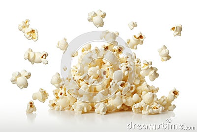 Freshly made crispy popcorn fall in pile on white background. Creative concept of floating healthy snacks. Stock Photo