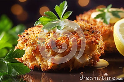 Freshly made delicious fried crab cakes on a bed of green arugula served on a plate. Traditional food of American cuisine Stock Photo