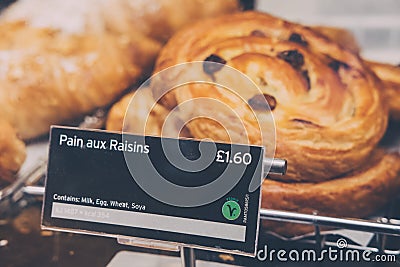 Freshly made Pain aux Raisins on sale at Pret A Manger, London, UK. Editorial Stock Photo