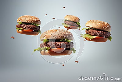 Freshly made three burgers fall on gray background. Creative concept of floating fast food. Background of falling burgers. Stock Photo