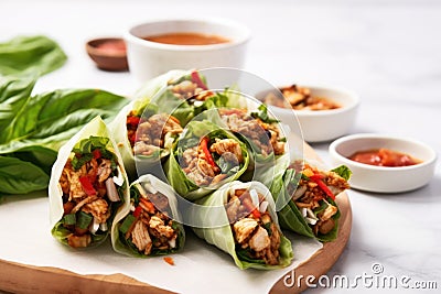 freshly made turkey lettuce wraps on a marble countertop Stock Photo