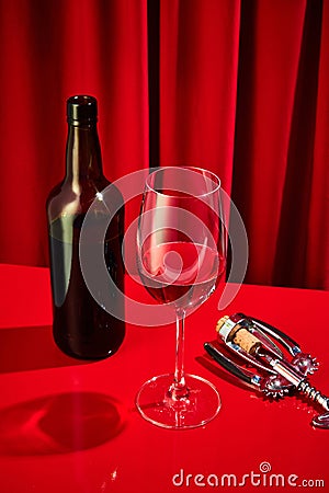 Freshly opened corkscrew bottle poured into classic tall glass of red wine served on red bar in luxury restaurant Stock Photo