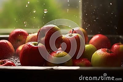 freshly picked apples being washed with water spray Stock Photo