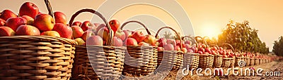 Freshly Picked Apples Displayed In Traditional Farm Baskets. Panoramic Banner. Generative AI Stock Photo