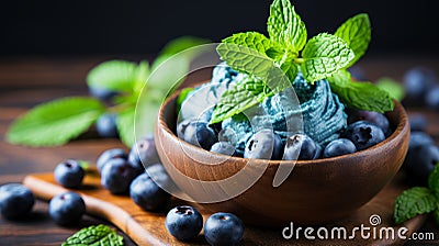 Freshly picked blueberries and spearmint leaves arranged in a rustic clay bowl on a wooden table Stock Photo