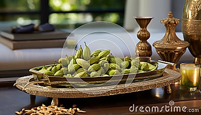 freshly picked green cardamom pods and their aromatic leaves Stock Photo