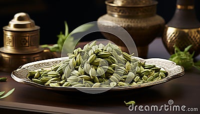 freshly picked green cardamom pods and their aromatic leaves Stock Photo