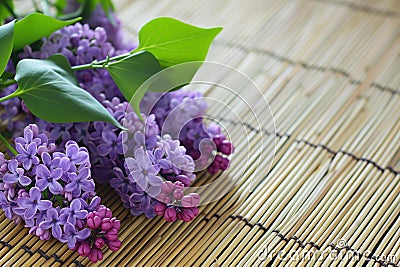freshly picked lilac cluster on a bamboo door mat Stock Photo