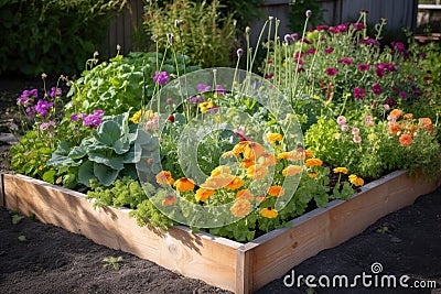 freshly planted garden bed, filled with vibrant blooms and foliage Stock Photo