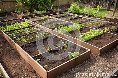 freshly planted garden, with newly germinated seeds and sprouts visible Stock Photo