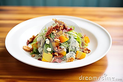 freshly plated roasted squash salad, blue cheese, walnuts, bacon bits Stock Photo