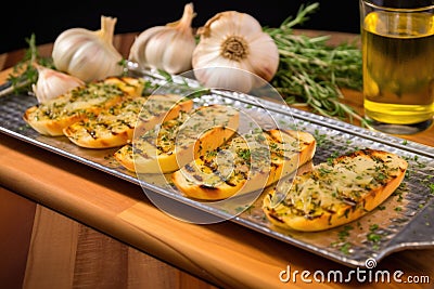 freshly prepared grilled garlic bread on a silver platter Stock Photo