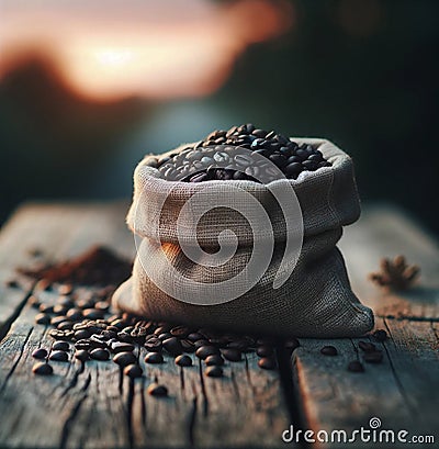 coffee beans on a wooden table outside Stock Photo