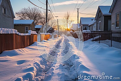 freshly shoveled snowy sidewalk with footprints Stock Photo